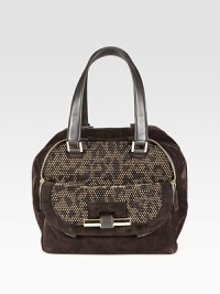 Glittering rhinestones on leopard-printed suede adds an extra dose of glamour to this easy carryall. Double leather top handles, 8 dropTop zip closureOne outside flap and zip pocketProtective metal feetOne inside zip pocketCanvas lining9½W X 10¼H X 6¼DMade in Italy