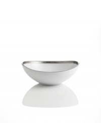 Elegant white porcelain trimmed in intricately patterned platinum gives the Grand Buffet Platinum elliptical bowl a look of traditional splendor. Elegant white porcelain trimmed in intricately patterned platinum gives the Grand Buffet Platinum elliptical bowl a look of traditional splendor.