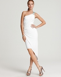 Grecian goddess meets modern sophisticate in this divinely draped David Meister dress, rendered in a striking asymmetrical silhouette and crowned with an ornately beaded shoulder. Grecian goddess meets modern sophisticate in this divinely draped David Meister dress, rendered in a striking asymmetrical silhouette and crowned with an ornately beaded shoulder.