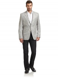 THE LOOKCrosshatch designNotch lapelLong button cuff sleevesTwo-button front closure Chest welt pocketContoured seams through the waistFront flap pocketsBack double vented hemTHE FITAbout 29 from shoulder to hemTHE MATERIAL55% polyester/45% viscoseFully linedCARE & ORIGINDry cleanMade in Croatia THE LOOKCrosshatch designNotch lapelLong button cuff sleevesTwo-button front closure Chest welt pocketContoured seams through the waistFront flap pocketsBack double vented hemTHE FITAbout 29 from shoulder to hemTHE MATERIAL55% polyester/45% viscoseFully linedCARE & ORIGINDry cleanMade in Croatia