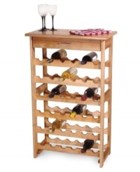 Display your affinity for wine with this 36-bottle storage wine rack. The tilted racks raise the end of the bottles, which keep corks wet. Convenience drawer can hold wine openers, stoppers, and napkins. Made of solid North American hardwood. Lacquered top. One-year warranty. Display your affinity for wine with this 36-bottle storage wine rack. The tilted racks raise the end of the bottles, which keep corks wet. Convenience drawer can hold wine openers, stoppers, and napkins. Made of solid North American hardwood. Lacquered top. One-year warranty.