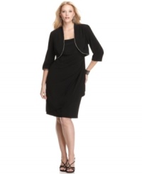 Add a bit of sparkle to your style in this refined rhinestone-edged plus size dress and bolero by Alex Evenings. Add a bit of sparkle to your style in this refined rhinestone-edged plus size dress and bolero by Alex Evenings.