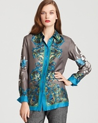 Brimming with Eastern inspiration, a silk BASLER blouse blooms with a bold floral print for a truly stunning style. Brimming with Eastern inspiration, a silk BASLER blouse blooms with a bold floral print for a truly stunning style.