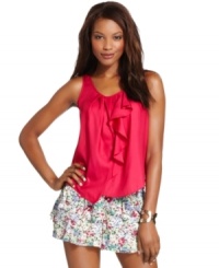 A cascading ruffle adds feminine flair to this BCBGeneration tank -- perfect for a sweet summer look! A cascading ruffle adds feminine flair to this BCBGeneration tank -- perfect for a sweet summer look!