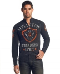 Lighter than your other layers, this zip t-shirt with moto-inspired collar from Affliction has plenty of style torque. Lighter than your other layers, this zip t-shirt with moto-inspired collar from Affliction has plenty of style torque.