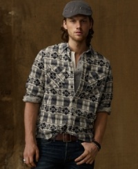 A border-print shirt uniquely uses an ornate floral pattern over a plaid motif for an intricate and individual look. A border-print shirt uniquely uses an ornate floral pattern over a plaid motif for an intricate and individual look.