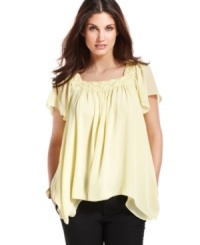Origami pleats with embroidery add on-trend texture to this flowy Studio M A-line top! Origami pleats with embroidery add on-trend texture to this flowy Studio M A-line top!
