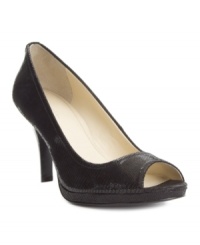 The Calvin Klein Kail Pumps refresh the time-tested peep toe with a slinky snakeskin finish and on-trend stacked heel for a new career-to-casual classic. The Calvin Klein Kail Pumps refresh the time-tested peep toe with a slinky snakeskin finish and on-trend stacked heel for a new career-to-casual classic.