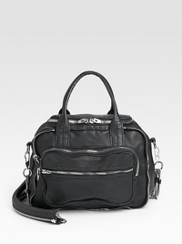 Stunning nickel hardware infuses this cool satchel with a little attitude.Double top handles, 6 drop Leather strap with zip detail, 19 drop Top zip closure Three outside zip pockets One inside zip pocket Nylon lining Leather 13W X 10H X 2D Imported Stunning nickel hardware infuses this cool satchel with a little attitude.Double top handles, 6 drop Leather strap with zip detail, 19 drop Top zip closure Three outside zip pockets One inside zip pocket Nylon lining Leather 13W X 10H X 2D Imported
