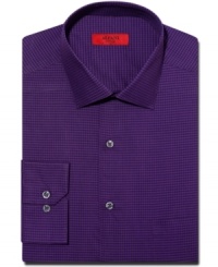 Purple reign. Freshen up your wardrobe of white and blue dress shirts with this Alfani fitted style in a saturated, textured hue. Purple reign. Freshen up your wardrobe of white and blue dress shirts with this Alfani fitted style in a saturated, textured hue.