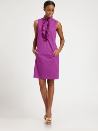 The stand collar adds structure to this poplin shift. The ruffles give this design a touch of romance. Stand collarSleevelessRuffle detail along button placketSlash pocketsFully linedAbout 21 from natural waist97% cotton/3% elastaneDry cleanImported of Italian fabricModel shown is 5'9 (175cm) wearing US size 4. OUR FIT MODEL RECOMMENDS ordering true size. The stand collar adds structure to this poplin shift. The ruffles give this design a touch of romance. Stand collarSleevelessRuffle detail along button placketSlash pocketsFully linedAbout 21 from natural waist97% cotton/3% elastaneDry cleanImported of Italian fabricModel shown is 5'9 (175cm) wearing US size 4. OUR FIT MODEL RECOMMENDS ordering true size.