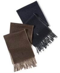 The ideal accessory for the guy who likes to keep his options open: A reversible muffler from Polo Ralph Lauren woven in a soft and sturdy lambswool blend. The ideal accessory for the guy who likes to keep his options open: A reversible muffler from Polo Ralph Lauren woven in a soft and sturdy lambswool blend.