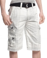 Kick back in the cool urban comfort of these plaid cargo shorts from Wear First. Kick back in the cool urban comfort of these plaid cargo shorts from Wear First.