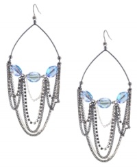Luxe layers. A complex array of chains sets apart these chic chandelier earrings from Kenneth Cole New York. Also adorned with sparkling crystals and faceted glass accents in a pretty pale blue hue, they're made in hematite tone and silver tone mixed metal. Approximate drop: 4-1/2 inches. Luxe layers. A complex array of chains sets apart these chic chandelier earrings from Kenneth Cole New York. Also adorned with sparkling crystals and faceted glass accents in a pretty pale blue hue, they're made in hematite tone and silver tone mixed metal. Approximate drop: 4-1/2 inches.