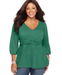 A feminine silhouette highlights NY Collection's three-quarter sleeve plus size top, accentuated by a ruched empire waist-- snag all the colors at an Everyday Value! A feminine silhouette highlights NY Collection's three-quarter sleeve plus size top, accentuated by a ruched empire waist-- snag all the colors at an Everyday Value!