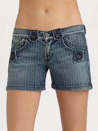 Ultra stylish and ideal for warm-weather, this distressed striped denim style has unique button tab details and double hand pockets for a witty update.Narrow waistband with belt loops and button closure Front zipper Coin and double hand pockets Darts at back patch pockets Inseam, about 4 98% cotton/2% Lycra Machine wash Made in USA Ultra stylish and ideal for warm-weather, this distressed striped denim style has unique button tab details and double hand pockets for a witty update.Narrow waistband with belt loops and button closure Front zipper Coin and double hand pockets Darts at back patch pockets Inseam, about 4 98% cotton/2% Lycra Machine wash Made in USA