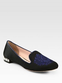 Embroidered satin silhouette with jewel detail and leather trim. Satin upper with leather trimLeather lining and solePadded insoleMade in ItalyOUR FIT MODEL RECOMMENDS ordering one half size up as this style runs small. Embroidered satin silhouette with jewel detail and leather trim. Satin upper with leather trimLeather lining and solePadded insoleMade in ItalyOUR FIT MODEL RECOMMENDS ordering one half size up as this style runs small.