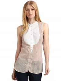 THE LOOKBanded collarFront button closureSleevelessBib detailShirttail hem with longer backTHE FITAbout 28 from shoulder to hemTHE MATERIAL70% cotton/30% silkCARE & ORIGINHand washImportedModel shown is 5'9½ (176cm) wearing US size 4. THE LOOKBanded collarFront button closureSleevelessBib detailShirttail hem with longer backTHE FITAbout 28 from shoulder to hemTHE MATERIAL70% cotton/30% silkCARE & ORIGINHand washImportedModel shown is 5'9½ (176cm) wearing US size 4.