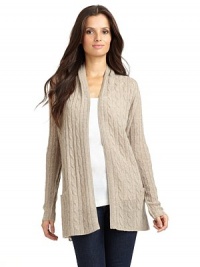 THE LOOKSuper soft cable knit cashmere constructionOpen frontDual patch pockets THE FITAbout 32 from shoulder to hemTHE MATERIALCashmereCARE & ORIGINHand washImportedModel shown is 5'9 (175cm) wearing US size Small. THE LOOKSuper soft cable knit cashmere constructionOpen frontDual patch pockets THE FITAbout 32 from shoulder to hemTHE MATERIALCashmereCARE & ORIGINHand washImportedModel shown is 5'9 (175cm) wearing US size Small.