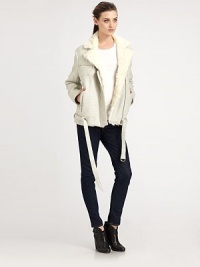 Cozy up to this cotton and wool-blend jacket with a plush shearling collar and self belt for a tailored fit. Shearling notched collarButton front; zipperZippered slash and flap pocket at chestFront slash pocketsRemovable self belt at hemAbout 26 from shoulder to hemBody: 60% cotton/40% virgin woolTrim: ShearlingDry clean with fur specialistImportedFur origin: ItalyModel shown is 5'10 (177cm) wearing US size Small. Cozy up to this cotton and wool-blend jacket with a plush shearling collar and self belt for a tailored fit. Shearling notched collarButton front; zipperZippered slash and flap pocket at chestFront slash pocketsRemovable self belt at hemAbout 26 from shoulder to hemBody: 60% cotton/40% virgin woolTrim: ShearlingDry clean with fur specialistImportedFur origin: ItalyModel shown is 5'10 (177cm) wearing US size Small.