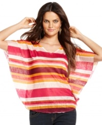 A fluttering, lightweight striped top in sunset colors makes an easy everyday wardrobe option! Dress up INC's version with a fitted skirt, or keep it casual with jeans or shorts. A fluttering, lightweight striped top in sunset colors makes an easy everyday wardrobe option! Dress up INC's version with a fitted skirt, or keep it casual with jeans or shorts.