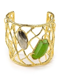 Always have something chic up your sleeve with this woven gold cuff from Alexis Bittar, accented by striking green turquoise and pyrite stones. Always have something chic up your sleeve with this woven gold cuff from Alexis Bittar, accented by striking green turquoise and pyrite stones.
