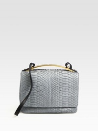 An indulgent python style with a functional three compartment design.Metal top handle, 1 dropShoulder strap, 17 dropSnap button flap closureThree inner compartmentsFully lined9½W X 7H X 2DMade in Italy An indulgent python style with a functional three compartment design.Metal top handle, 1 dropShoulder strap, 17 dropSnap button flap closureThree inner compartmentsFully lined9½W X 7H X 2DMade in Italy