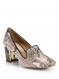 THE LOOKSquare toeSnakeskin-embossed leatherContrast pipingMirrored metal accents the heelPadded insoleSelf-covered heel, 2 (50mm)THE MATERIALSnakeskin-embossed leather upperLeather lining and soleORIGINImported THE LOOKSquare toeSnakeskin-embossed leatherContrast pipingMirrored metal accents the heelPadded insoleSelf-covered heel, 2 (50mm)THE MATERIALSnakeskin-embossed leather upperLeather lining and soleORIGINImported