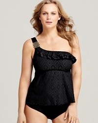 Diamond-patterned crochet adds textural appeal to this Becca Etc. tankini, rendered in a sleek one-shoulder silhouette and accented with an ornate decoration. Diamond-patterned crochet adds textural appeal to this Becca Etc. tankini, rendered in a sleek one-shoulder silhouette and accented with an ornate decoration.