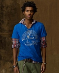 The city meets the sea in this mariner-inspired tee, crafted from soft cotton jersey and finished with a weathered graphic for a look that is both rustic and urban. The city meets the sea in this mariner-inspired tee, crafted from soft cotton jersey and finished with a weathered graphic for a look that is both rustic and urban.
