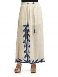 THE LOOKElastic waist Gathered detailsTassel accentsContrast silk embroideryFront slitTHE FITAbout 38 longTHE MATERIAL55% cotton/45% viscoseEmbroidery: silkPartially cotton linedCARE & ORIGINDry cleanImportedModel shown is 5'10 (177cm) wearing US size Small. THE LOOKElastic waist Gathered detailsTassel accentsContrast silk embroideryFront slitTHE FITAbout 38 longTHE MATERIAL55% cotton/45% viscoseEmbroidery: silkPartially cotton linedCARE & ORIGINDry cleanImportedModel shown is 5'10 (177cm) wearing US size Small.