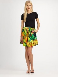 Tropical print silk, in a vibrantly-hued pattern tailored in a classic, feminine silhouette.Contrast waistbandGathered skirtBack zipAbout 22 long95% silk/5% spandexDry cleanImportedModel shown is 5'11 (180cm) wearing US size 4. Tropical print silk, in a vibrantly-hued pattern tailored in a classic, feminine silhouette.Contrast waistbandGathered skirtBack zipAbout 22 long95% silk/5% spandexDry cleanImportedModel shown is 5'11 (180cm) wearing US size 4.