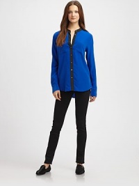 EXCLUSIVELY AT SAKS. Contrast trim, patch pockets and a menswear-inspired silhouette revive this collarless silk go-to. RoundneckLong sleeves with buttoned cuffsButton frontFront patch pocketsLonger length hits below the hipsSilkDry cleanImportedModel shown is 5'10 (177cm) wearing US size Small. EXCLUSIVELY AT SAKS. Contrast trim, patch pockets and a menswear-inspired silhouette revive this collarless silk go-to. RoundneckLong sleeves with buttoned cuffsButton frontFront patch pocketsLonger length hits below the hipsSilkDry cleanImportedModel shown is 5'10 (177cm) wearing US size Small.