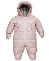A plaid-lined snowsuit in soft pink for sweet winter chic. A plaid-lined snowsuit in soft pink for sweet winter chic.