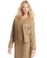 MICHAEL Michael Kors combines sparkling sequins with frayed tweed for an unforgettable look! Wear this petite jacket with the matching sheath or use it to dress up denim. MICHAEL Michael Kors combines sparkling sequins with frayed tweed for an unforgettable look! Wear this petite jacket with the matching sheath or use it to dress up denim.