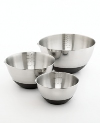A bowl with a stable surface and measurement markings will make any mixing task a pleasure to perform. These bowls are made from classic stainless steel, but feature a thoughtfully designed silicone base to help keep a nonskid bond with any surface. Limited lifetime warranty. A bowl with a stable surface and measurement markings will make any mixing task a pleasure to perform. These bowls are made from classic stainless steel, but feature a thoughtfully designed silicone base to help keep a nonskid bond with any surface. Limited lifetime warranty.