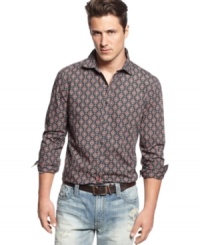 This shirt from Sons of Intrigue ratchets up your casual look with its all over medallion print. This shirt from Sons of Intrigue ratchets up your casual look with its all over medallion print.