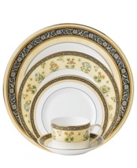 In 18th century England, Josiah Wedgwood, creator of the world famous Wedgwood ceramic ware, established a tradition of outstanding craftsmanship and artistry which continues today. The exotic India place settings present a pattern of exquisitely detailed, diminutive florals on a yellow and deep blue band against pure white bone china. In 18th century England, Josiah Wedgwood, creator of the world famous Wedgwood ceramic ware, established a tradition of outstanding craftsmanship and artistry which continues today. The exotic India place settings present a pattern of exquisitely detailed, diminutive florals on a yellow and deep blue band against pure white bone china.