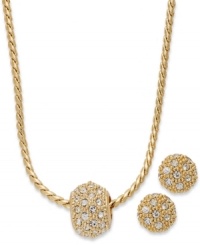 Slip on some ice with this crystal-accented jewelry set from Charter Club. Includes a golden set of stud earrings and pendant necklace. Crafted in gold tone mixed metal. Approximate length (necklace): 16 inches + 2-inch extender. Approximate drop (necklace): 1/3 inch. Approximate diameter (earrings): 1/4 inch. Slip on some ice with this crystal-accented jewelry set from Charter Club. Includes a golden set of stud earrings and pendant necklace. Crafted in gold tone mixed metal. Approximate length (necklace): 16 inches + 2-inch extender. Approximate drop (necklace): 1/3 inch. Approximate diameter (earrings): 1/4 inch.