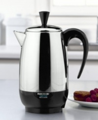 A more elegant alternative to standard coffee makers, this stainless steel percolator from Farberware has a sleek, pitcher shape. At a brewing rate of one cup per minute, this coffee pot sacrifices nothing in terms of speed for beauty. And once it has finished brewing, it will automatically switch to a safe keep warm temperature. Makes 2-8 cups. Comes with One-year limited warranty. Model #FCP280. A more elegant alternative to standard coffee makers, this stainless steel percolator from Farberware has a sleek, pitcher shape. At a brewing rate of one cup per minute, this coffee pot sacrifices nothing in terms of speed for beauty. And once it has finished brewing, it will automatically switch to a safe keep warm temperature. Makes 2-8 cups. Comes with One-year limited warranty. Model #FCP280.