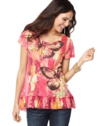 Fluttering butterflies adorn this sweet tee from Style&co. Ruffles and sequins up the flirty factor! (Clearance) Fluttering butterflies adorn this sweet tee from Style&co. Ruffles and sequins up the flirty factor! (Clearance)