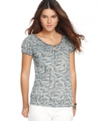 This easy printed top from Lucky Brand Jeans features a smocked scoop neckline you can wear off the shoulders as the weather warms. The feather print is so boho-chic, too! This easy printed top from Lucky Brand Jeans features a smocked scoop neckline you can wear off the shoulders as the weather warms. The feather print is so boho-chic, too!