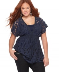 Sheer cuteness: Eyeshadow's short sleeve plus size top is a must-buy, flaunting on-trend lace. Sheer cuteness: Eyeshadow's short sleeve plus size top is a must-buy, flaunting on-trend lace.