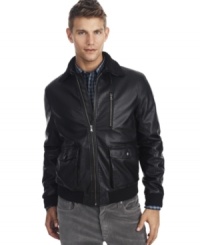 This Kenneth Cole Reaction bomber jacket will have you looking hot in the cool temps. This Kenneth Cole Reaction bomber jacket will have you looking hot in the cool temps.