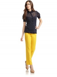 THE LOOKPoint collarShort sleeves with button cuffsButton frontSheer designTHE FITAbout 24 from shoulder to hemTHE MATERIAL78% cotton/22% silkCARE & ORIGINDry cleanImportedModel shown is 5'10 (177cm) wearing US size 2. THE LOOKPoint collarShort sleeves with button cuffsButton frontSheer designTHE FITAbout 24 from shoulder to hemTHE MATERIAL78% cotton/22% silkCARE & ORIGINDry cleanImportedModel shown is 5'10 (177cm) wearing US size 2.