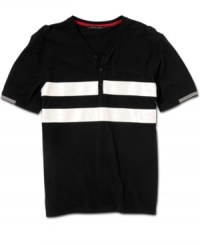 Let contrast make a comeback in your wardrobe with the sleek textured stripes of this shirt from Sean John. Let contrast make a comeback in your wardrobe with the sleek textured stripes of this shirt from Sean John.