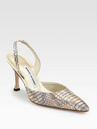 A metallic finish adds a hint of sheen to this point toe slingback in textured snake-print leather. Self-covered heel, 3½ (90mm)Snake-print leather upper with metallic finishPoint toeElasticized slingback strapLeather lining and solePadded insoleMade in Italy