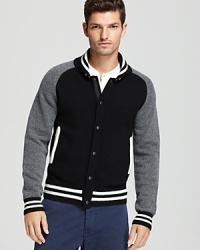 Step up the plate in style with this unique cardigan inspired by America's pastime. Step up the plate in style with this unique cardigan inspired by America's pastime.