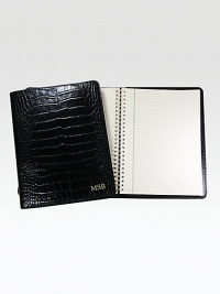 Keep every list and note in one convenient place with this handmade notebook, individually covered in croco-textured leather. A notepad of gold-gilded premium paper is included. Includes 176 perforated, lined pages Leather 7W X 9¼H Made in USA FOR PERSONALIZATIONSelect a color and quantity, then scroll down and click on PERSONALIZE & ADD TO BAG to choose and preview your monogramming options. Please allow 1 week for delivery.