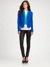 Bold, colorblock silk, closely-cropped in a well-appointed blazer.Stand collar and lapelsDefined shouldersBodice seamsWelt pocketsCut-away hemAbout 23 from shoulder to hemSilkDry cleanImportedModel shown is 5'10 (177cm) wearing US size Small.This style runs true to size. We recommend ordering your usual size for a standard fit. Bold, colorblock silk, closely-cropped in a well-appointed blazer.Stand collar and lapelsDefined shouldersBodice seamsWelt pocketsCut-away hemAbout 23 from shoulder to hemSilkDry cleanImportedModel shown is 5'10 (177cm) wearing US size Small.This style runs true to size. We recommend ordering your usual size for a standard fit.